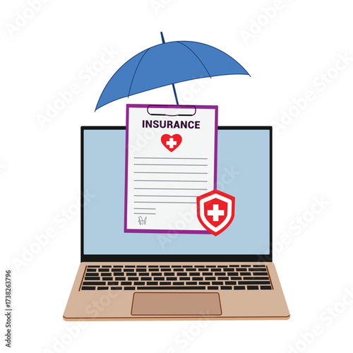 Digital insurance protection concept laptop screen showing policy document under umbrella shielded by health icon vector
