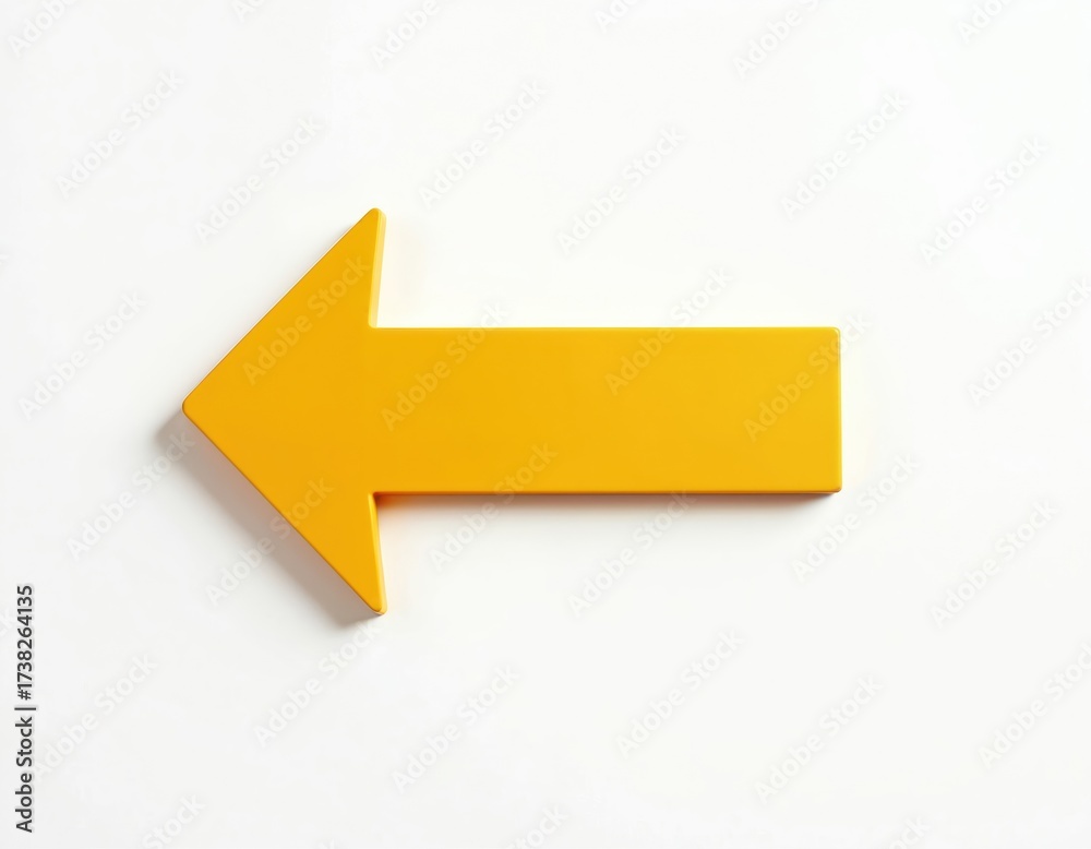 Bright yellow arrow pointing left against clean white backdrop. Graphic element is designed for direction navigation or visual guidance. This simple design can be used in various projects.