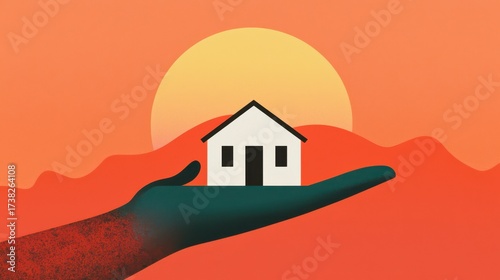 Wallpaper Mural A stylized hand cradles a house against a vibrant sunset backdrop, symbolizing home and security in a warm, inviting atmosphere. Torontodigital.ca