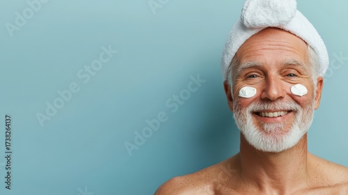 Wallpaper Mural A smiling older man with a towel on his head applies skincare products, promoting self-care and wellness. Torontodigital.ca