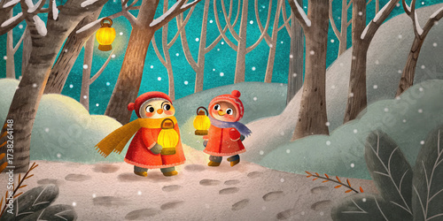 Two children holding lanterns walk through snowy forest night enjoying warm holiday lifestyle filled with Christmas joy and peaceful winter magic