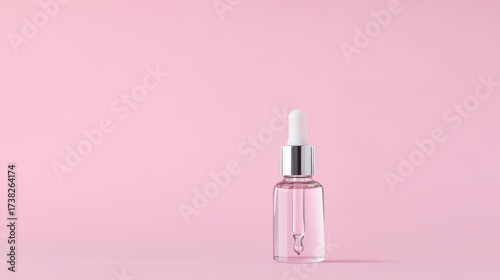 Wallpaper Mural A sleek glass dropper bottle filled with a clear liquid stands against a soft pink background, exuding a minimalist and elegant aesthetic. Torontodigital.ca