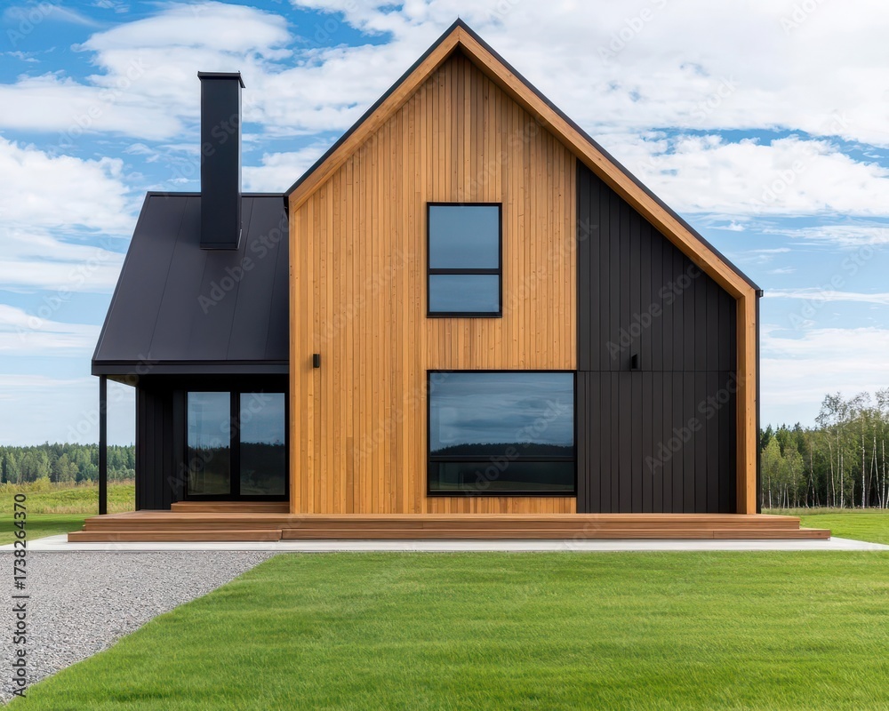 Obraz premium Twolevel modern rustic house with clean architecture, barnstyle lighting, and gravel driveway