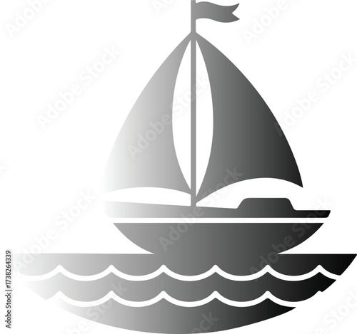 Gray gradient silhouette of a sailboat on wavy water sailing ship