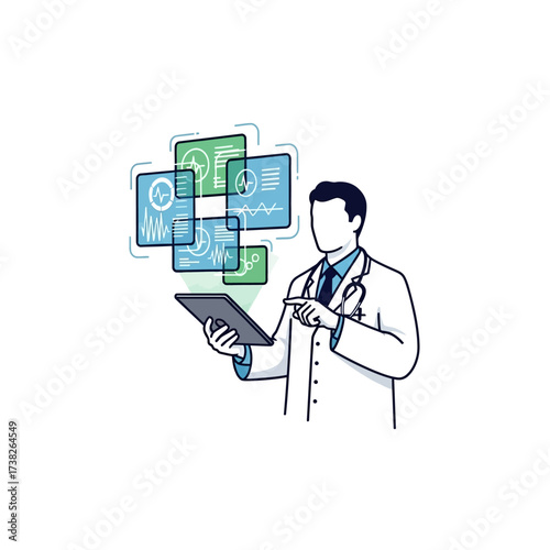 A doctor in a lab coat uses a tablet to analyze patient data on a futuristic holographic interface.