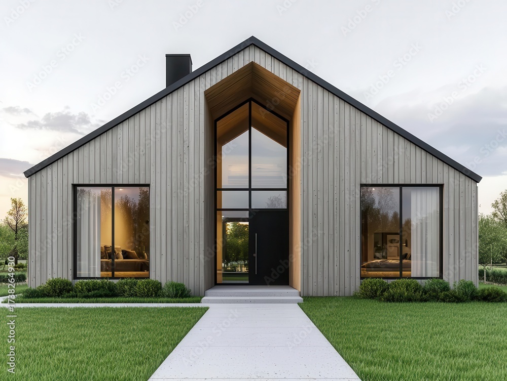 Obraz premium Minimal modern rustic farmhouse with natural wood facade, sharp gables, and large open windows