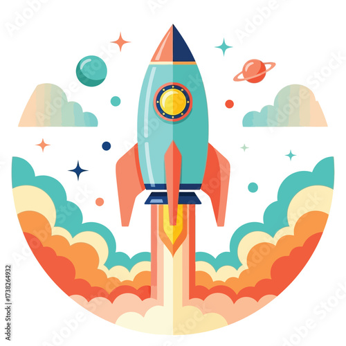 Dynamic rocket launching into vibrant cosmos, symbolizing innovation, exploration, and ambitious new beginnings