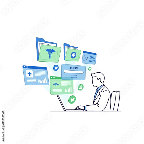 A doctor in a lab coat uses a laptop to access digital medical records and health data, represented by floating folders and screens.