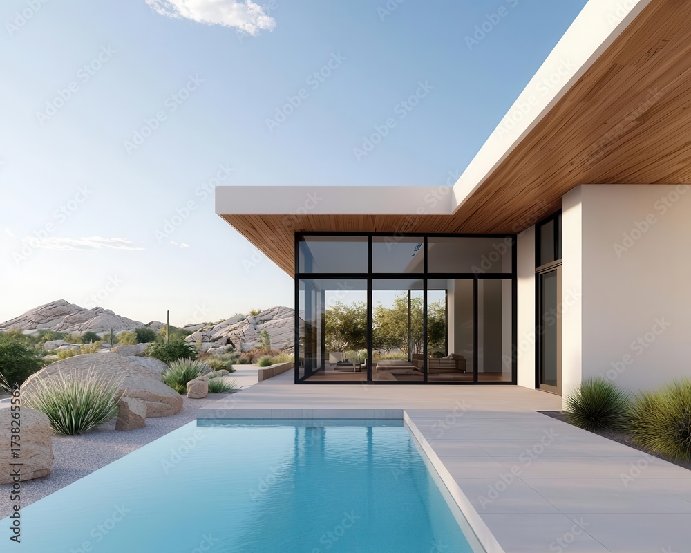 Fototapeta premium Desertstyle modern rustic farmhouse with raw textures, neutral colors, and flat landscaping