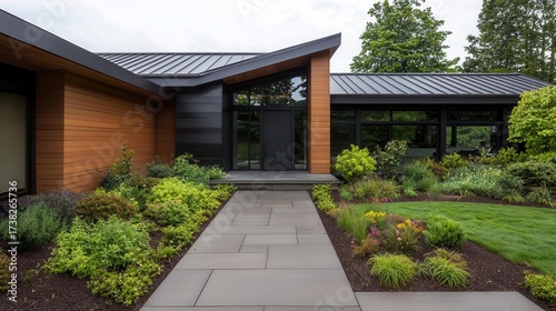 Wallpaper Mural Sleek exterior with rustic charm featuring a timberandsteel mix and lush green landscaping Torontodigital.ca