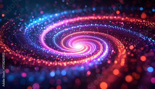 A mesmerizing digital illustration of a swirling spiral galaxy composed of vibrant, glowing particles in cosmic space, with a bright, luminous core.