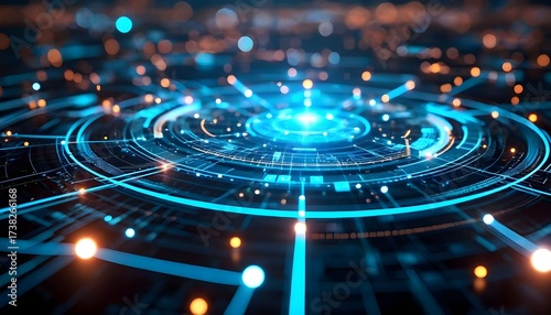 Futuristic digital abstract background with glowing lines and circular patterns, representing technology.