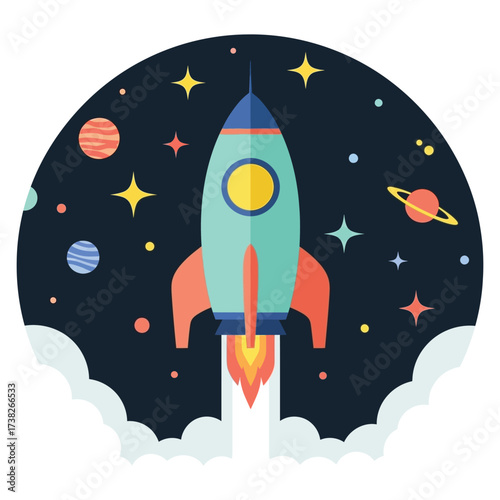 Dynamic rocket blasts off into starry cosmos launching new ventures and exploring infinite possibilities with vibrant energy and hopeful dreams