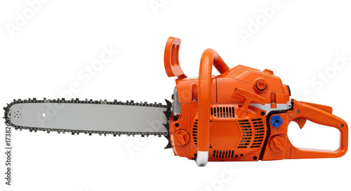 Foto Isolated orange chainsaw for cutting wood, tree branches, and forestry tasks in