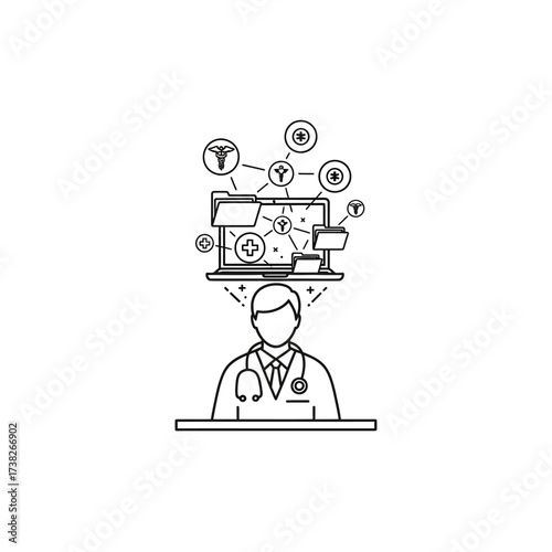 Doctor with stethoscope stands below a laptop displaying medical files and connected health icons, representing digital healthcare.