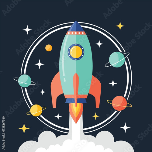 Dynamic rocket launching into vibrant starry cosmos with colorful planets, symbolizing innovation, discovery, and ambitious journeys.