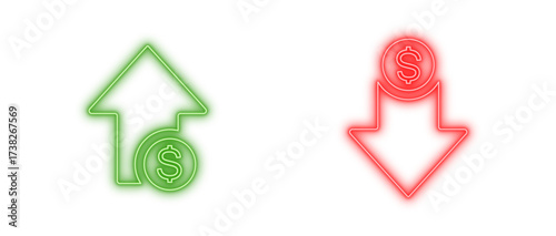 Money trend neon icons isolated, Glowing finance arrows, Bright currency indicators, Neon investment graph, or Shiny economic symbols vector illustration