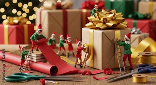 El taller de los elfos preparando regalos navideños en una mesa decorada con cintas y papel