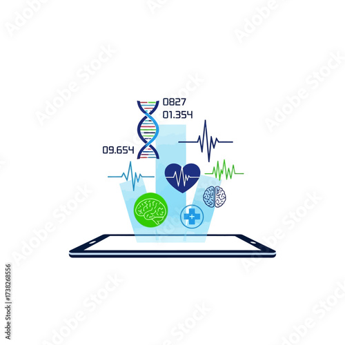 Futuristic medical technology concept with a tablet projecting a hologram of health data, including DNA, brain, and heart diagnostics.