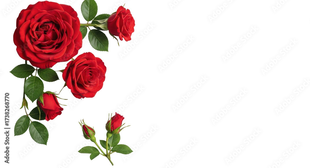 Fototapeta premium Isolated vivid red roses and buds on a stem, floral elements for spring greeting cards