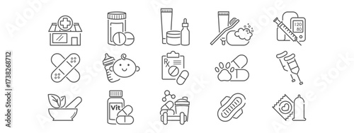 Pharmacy line icon set. Drug store building, prescription bottle, pill, medical equipment, beauty cosmetics, first aid minimal vector illustration. Outline signs for healthcare. Editable Stroke.