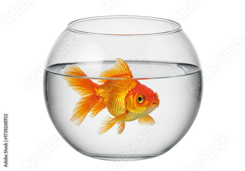Schilderij op canvas Orange goldfish in a glass bowl isolated, pet fish swimming in clear water aquar