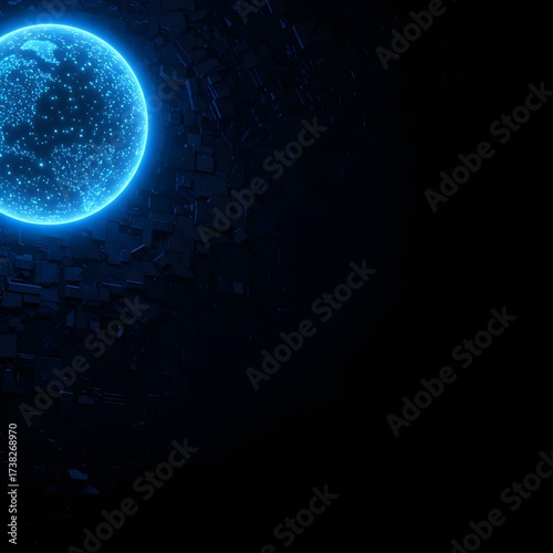 Futuristic cityscape with glowing orb representing data, technology, and interconnected networks, dark blue tone.