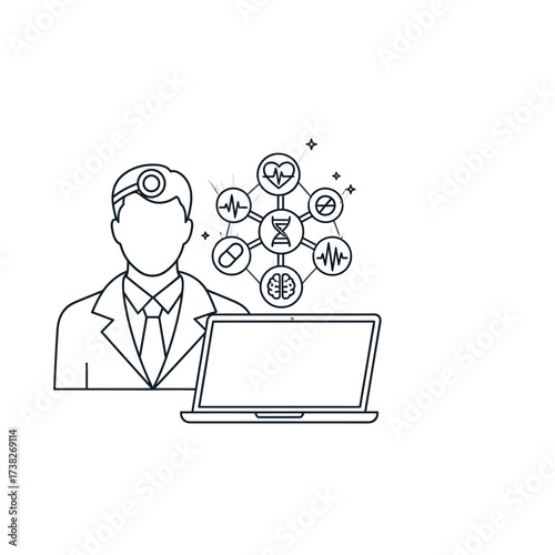 A doctor in a lab coat and stethoscope stands beside a laptop, with a network of medical and scientific icons symbolizing healthcare technology and research.