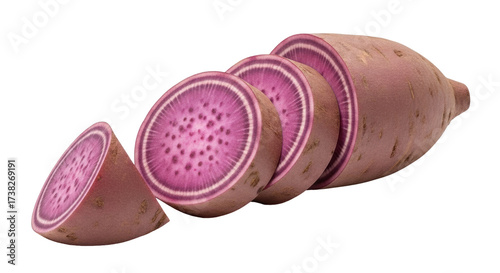 Isolated sliced purple sweet potato showing vibrant interior color and edible texture in closeup