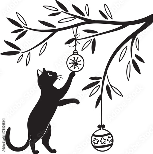 Vector silhouette of a curious cat playing with Christmas ornaments hanging from a branch