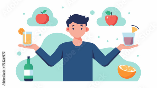 He slowly reduces his alcohol consumption opting for healthier options like mocktails or reducing the frequency of drinking.. Vector illustration