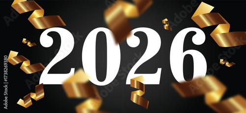 Happy New Year 2026 Celebration with Golden Confetti on Black Background
