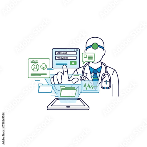Line art illustration of a doctor interacting with a virtual medical interface, managing patient data and digital health records.