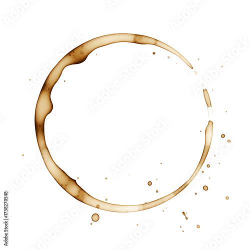 An artistic coffee cup stain ring with splatters for cafe branding, menu backgrounds, and creative graphic designs. Transparent Background, Cutout