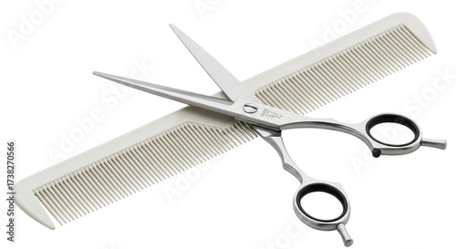 Obraz na płótnie Isolated hairdressing tools, silver salon scissors and ivory comb, equipment for