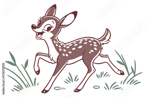 Joyful Cartoon Deer Running, Brown and White Fur, Happy Expression, Art