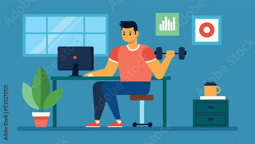 A man taking a break from working on his computer to do some light weight lifting and bodyweight exercises in his home office.. Vector illustration