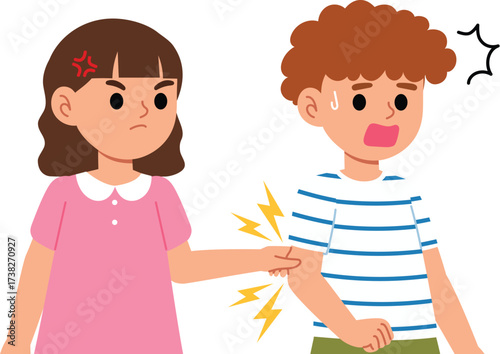 Upset girl pinch boy's arm, moody girl tease her friend by pinch, Boy was pinched by young girl and feel pain illustration