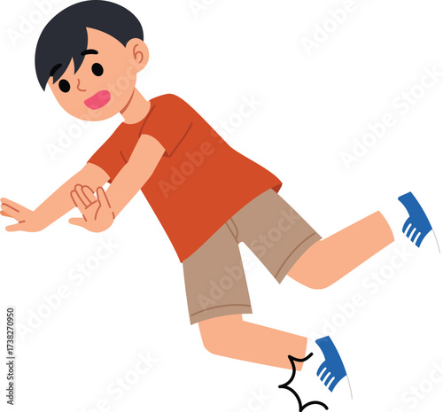 accent situation, young boy tripping and almost falling on the ground, cute kid stumbling and losing balance while walking illustration