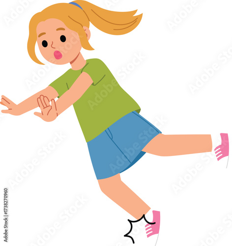 accent situation, young girl tripping and almost falling on the ground, cute kid stumbling and losing balance while walking illustration