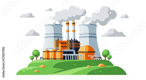 Isolated cartoon nuclear power plant generating clean energy for sustainable future source