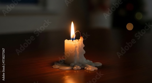 A single candle burning brightly with wax dripping down onto a wooden surface in a dim environment