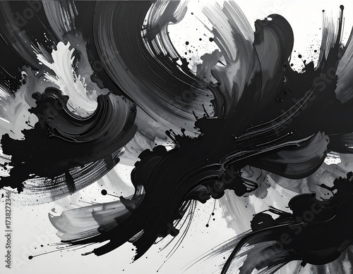 Abstract Black and White Ink Wash Painting.