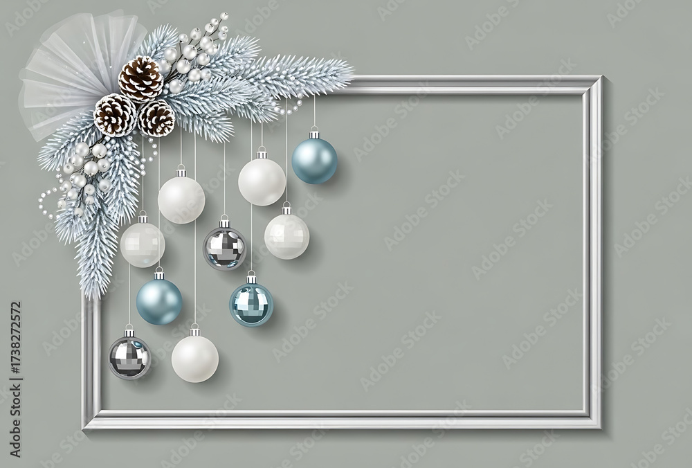 Fototapeta premium Elegant Christmas frame with mirrored toys and pine cones on the left for festive winter wall decoration, with space for text.