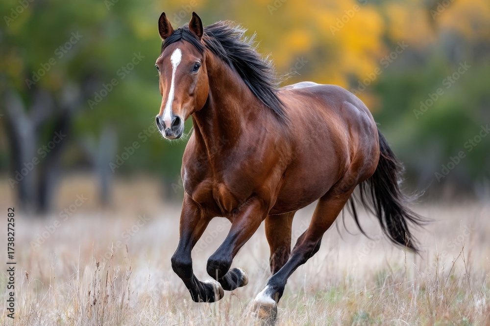 Obraz premium Bay Horse Galloping in Autumn Field