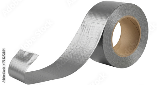 Isolated roll of silver duct tape, grey adhesive tape, sticky construction material repair item
