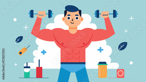 Armed with determination and a wellplanned workout regimen a man transforms his body by packing on lean muscle and shedding excess fat.. Vector illustration