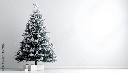 Minimalist modern tree with silver and white ornaments, daylight studio 