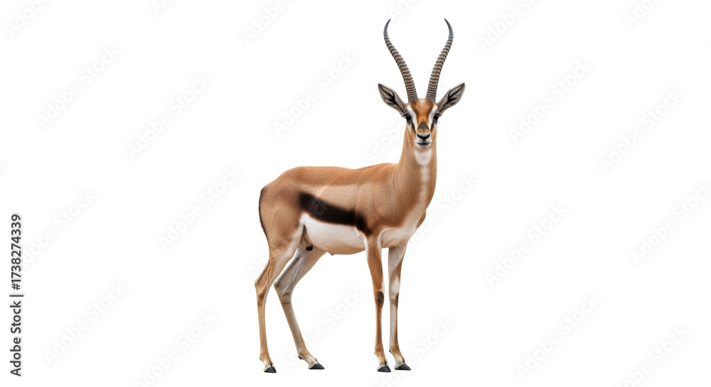 Fototapeta premium Isolated Elegant standing Grant's gazelle with patterned coat and long ridged horns, looking forward