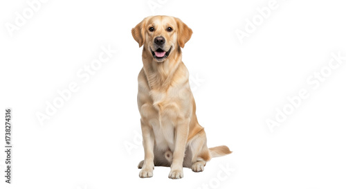 Isolated golden Labrador Retriever sitting attentively indoors friendly and cute, looking forward